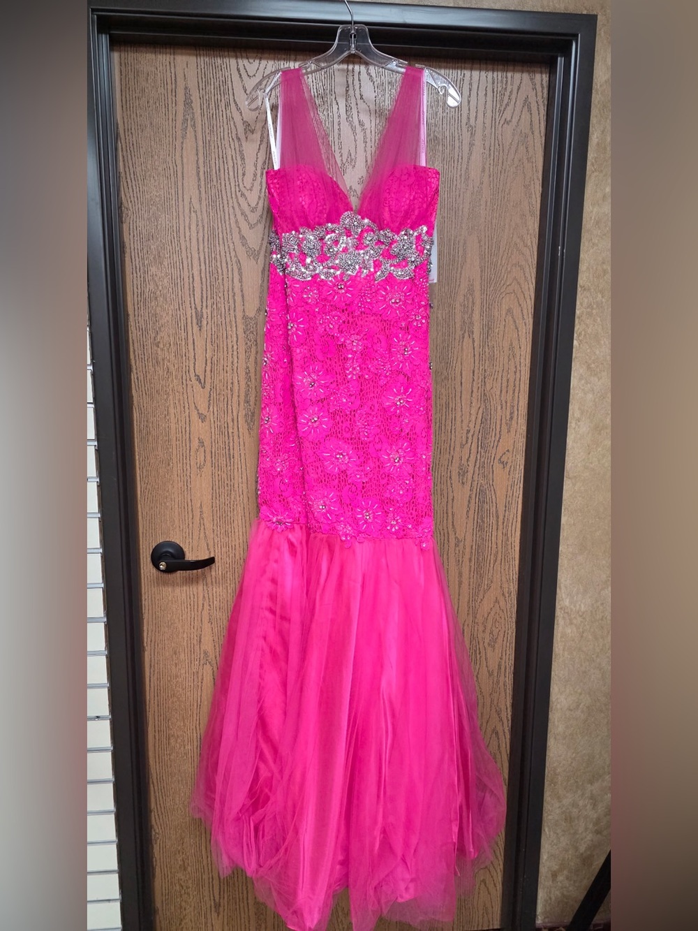 Jovani Hot Pink Sequin Lace Tulle Gown